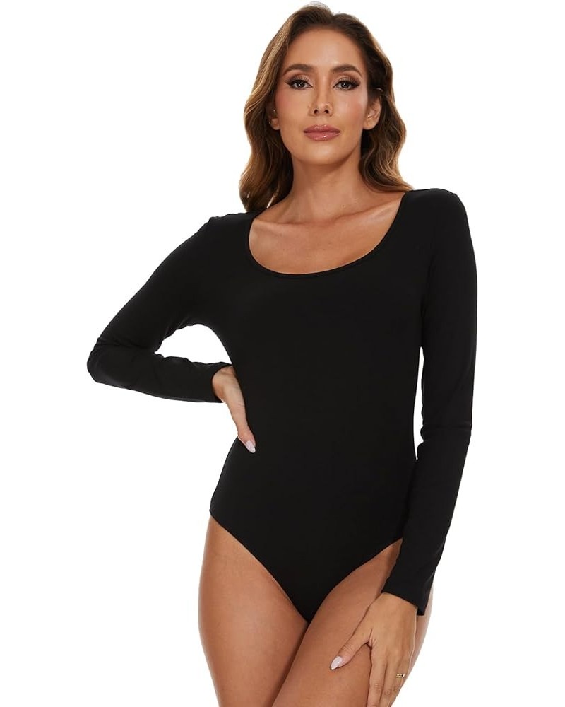 Bodysuit for Women Long Sleeve Tops Scoop Neck Basic T Shirt Tops Body Suit Jumpsuit Women Clothing Black-black $12.00 Lingerie