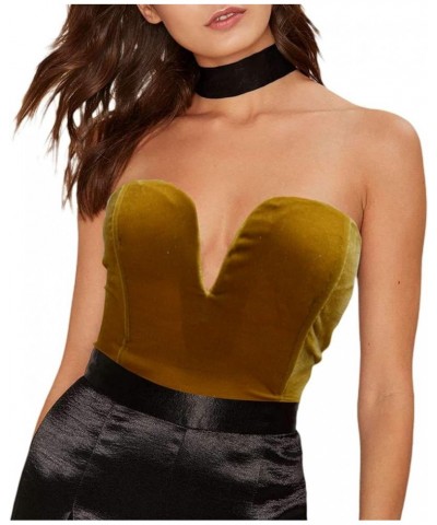 Women Sexy Velvet Strapless Bodysuit Jumpsuit Sweetheart Deep V Neck Cross Back Vintage Bodycon Leotard Bustier Top B Golden ...