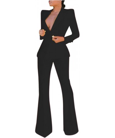 Suits for Women Office Professional Long Sleeve Blazer Jacket and Floor-Length Wide Leg Pants Casual Business Sets Suits-blac...